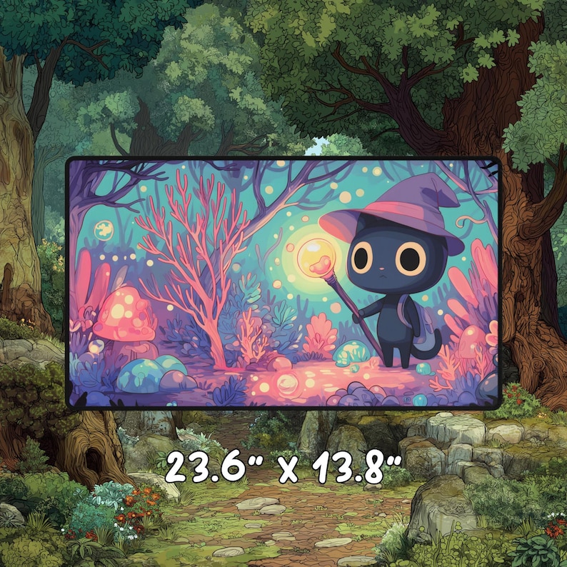 Playmat featuring a black cat wizard holding a glowing staff in a magical forest, shown against a woodland background with text reading 23.6 by 13.8 inches.