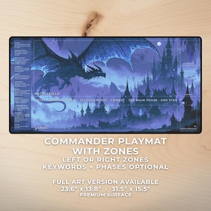 May include: Commander playmat with a fantasy art design featuring a dragon and a castle. The playmat has zones for gameplay and includes text that reads "Commander Playmat with Zones". The dimensions are 23.6" x 13.8" and 31.5" x 15.5".