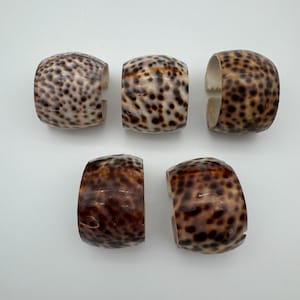 Anillos para servilletas vintage con forma de concha de cauri tigre, juego de 5, color marrón natural y negro.