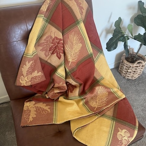 Obrus żakardowy z bawełny w stylu vintage „Jesienne żniwa” 58,5 x 115 cali, liść, żołądź, jesień, Cottagecore