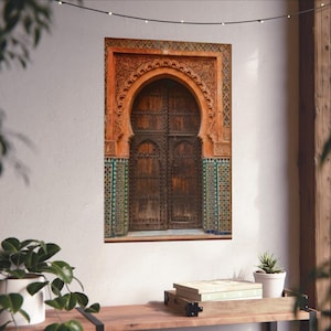 Moroccan Door Wall Art - Marrakech Architecture Print - Rustic Wooden Archway Poster - Boho Home Decor with Zellige Tiles