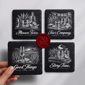 May include: Four square black slate coasters featuring white engraved illustrations of tequila-themed scenes and text. The designs include agave plants, glassware, and phrases like Measure Twice, Pour Generously and Story Time, Tequila Edition.