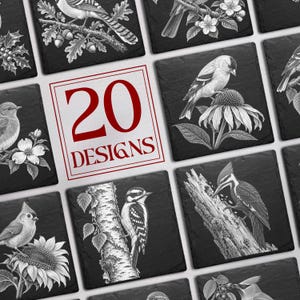 May include: A collection of square slate coasters featuring detailed black and white illustrations of various birds and botanical elements. A central red-bordered box displays the text 20 DESIGNS in a bold, serif font, highlighting the variety of artwork.
