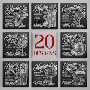 Cocktail Slate Coaster Laser Engraving Files, 20 Vintage Botanical PNG Designs for xTool, LightBurn, Glowforge, Digital Download, Home Bar