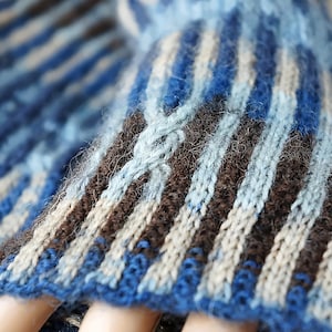 Puede incluir: Primer plano de un tejido de punto con un patrón de rayas en tonos de azul, marrón y blanco roto. La prenda de punto tiene un aspecto texturizado con puntadas visibles y un detalle de punto de cable.