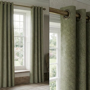 Earthy Moss Green and Bronze Tones,Textured Curtains with Diagonal Ribbed pattern, Twill weave texture