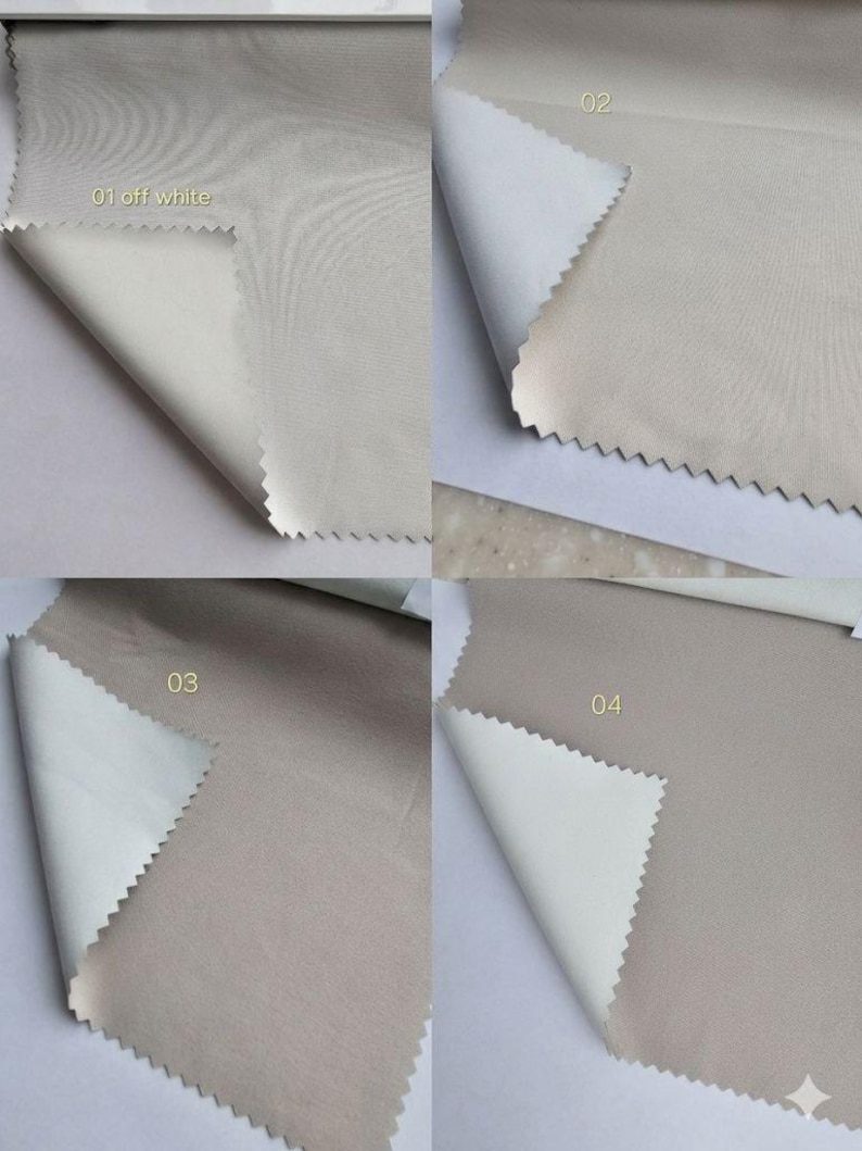 Puede incluir: Cuatro muestras de tela con bordes dentados, cada una con una capa superior lisa de color y un reverso blanco. Las muestras est&aacute;n etiquetadas 01 off white, 02, 03 y 04, mostrando un degradado de tonos beige y gris neutros en una cuadr&iacute;cula.
