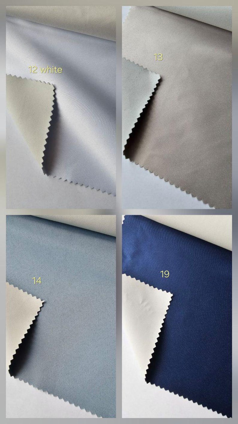 Puede incluir: Un collage de cuatro muestras de tela con bordes dentados. La muestra 12 es blanca, la 13 es gris claro, la 14 es azul polvoriento y la 19 es azul marino. Cada muestra muestra una superficie frontal lisa de color s&oacute;lido y un reverso m&aacute;s claro.