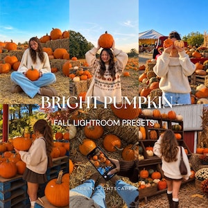 May include: A digital collection of photo editing presets titled BRIGHT PUMPKIN FALL LIGHTROOM PRESETS, featuring a collage of images showing pumpkins in a field, people wearing sweaters, and a smartphone screen displaying photo editing software.
