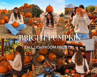 May include: A digital collection of photo editing presets titled BRIGHT PUMPKIN FALL LIGHTROOM PRESETS, featuring a collage of images showing pumpkins in a field, people wearing sweaters, and a smartphone screen displaying photo editing software.