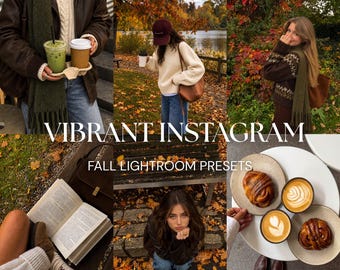 May include: A digital collection of photo editing presets titled VIBRANT INSTAGRAM FALL LIGHTROOM PRESETS and URBAN LIGHTSCAPES featuring autumn scenes, coffee drinks, pastries, open books, and individuals in seasonal clothing like sweaters and scarves.