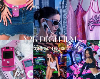 May include: A collage featuring a pink flip phone, a pink digital music player, white wired earbuds, a denim skirt, pink camisoles, and various scenes of people in urban and arcade settings with the text Y2K DIGI FILM LIGHTROOM PRESETS.