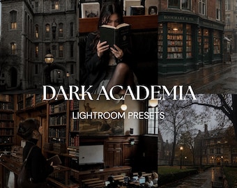 May include: A digital collection of Lightroom presets featuring a collage of dark academia imagery, including gothic architecture, library interiors, a person reading a book, and a bookstore storefront, with the text DARK ACADEMIA LIGHTROOM PRESETS.