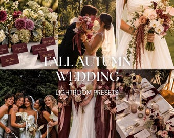 May include: A collage of wedding photography featuring floral bouquets, table settings, and couples with the text FALL AUTUMN WEDDING LIGHTROOM PRESETS URBAN LIGHTSCAPES. The images display deep red, burgundy, and white colour palettes in outdoor settings.