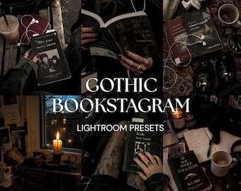 May include: A collection of dark-themed book photography featuring books like Just Kids, A Little Life, and If We Were Villains, alongside candles, coffee mugs, and white wired earbuds, with the text GOTHIC BOOKSTAGRAM LIGHTROOM PRESETS URBAN LIGHTSCAPES.