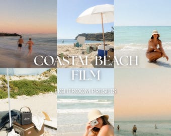 May include: A collage of six beach scenes featuring ocean waves, sandy shores, a white umbrella, a cooler, a portable speaker, and individuals in swimwear. The text COASTAL BEACH FILM LIGHTROOM PRESETS URBAN LIGHTSCAPES is overlaid on the images.