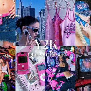 May include: A digital collage featuring Y2K aesthetic elements including pink flip phones, denim skirts, rhinestone caps, tank tops with graphic prints, retro gaming consoles, and a vintage television set displaying a portrait, with the text Y2K Lightroom Presets.