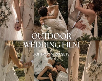 May include: A collage of wedding photographs featuring couples in white dresses and beige suits, with the text OUTDOOR WEDDING FILM LIGHTROOM PRESETS URBAN LIGHTSCAPES overlaid in the centre, showcasing various outdoor ceremony and portrait scenes.