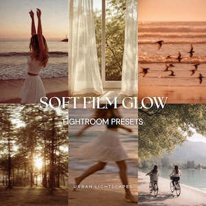 Preset de Lightroom Soft Film Glow: estilo veraniego cálido y etéreo, estética de la hora dorada, tonos de piel cremosos, filtro boho para Instagram, móvil y ordenador.