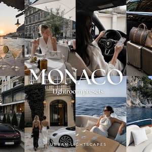 Op de afbeelding: Een collage van afbeeldingen met scènes uit Monaco. De afbeeldingen omvatten een zonsondergang boven het water met cocktails, een vrouw die dineert, een vrouw die auto rijdt, bagage, een straatbeeld met auto's en een boot op het water. Tekst luidt "MONACO Lightroom presets".