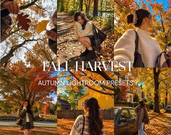 May include: A collage of six photographs featuring autumn scenery with vibrant orange and yellow foliage, people wearing jumpers and scarves, fallen leaves on the ground, and the text FALL HARVEST AUTUMN LIGHTROOM PRESETS.