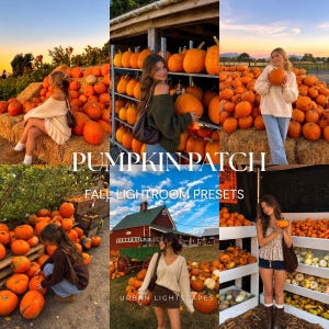 Może przedstawiać: Cyfrowa kolekcja presetów do edycji zdjęć zatytułowana PUMPKIN PATCH FALL LIGHTROOM PRESETS, zawierająca kolaż sześciu zdjęć przedstawiających osoby w swetrach i spódnicach pozujące z pomarańczowymi dyniami na farmie w sezonie jesiennym.