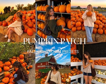 May include: A digital collection of photo editing presets titled PUMPKIN PATCH FALL LIGHTROOM PRESETS, featuring a collage of six images showing people in jumpers and skirts posing with orange pumpkins at a farm during the autumn season.