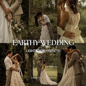 Puede incluir: Un collage de seis fotografías de boda que muestran parejas en entornos al aire libre, con el texto EARTHY WEDDING LIGHTROOM PRESETS superpuesto en el centro. Las imágenes muestran varios vestidos de novia y trajes en tonos neutros.