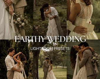 May include: A collage of six wedding photographs featuring couples in outdoor settings, with the text EARTHY WEDDING LIGHTROOM PRESETS overlaid in the centre. The images display various wedding dresses and suits in neutral, earthy tones.