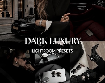 May include: A collage of images featuring a black sports car, a person in a black blazer with white cuffs, a car interior with red leather seats, a laptop with sunglasses, and black high-heeled boots, with the text DARK LUXURY LIGHTROOM PRESETS.