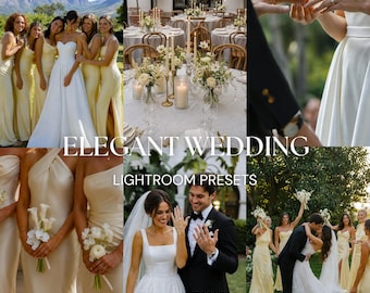 May include: A collage of wedding photographs featuring a bride in a white gown, bridesmaids in yellow dresses, a formal table setting with candles, and a couple exchanging rings, with the text ELEGANT WEDDING LIGHTROOM PRESETS URBAN LIGHTSCAPES.