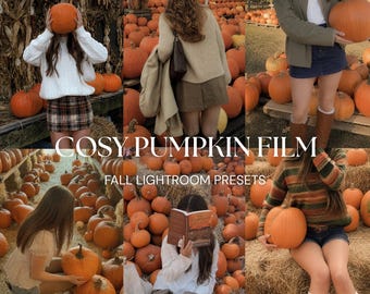 May include: A collage of six images featuring pumpkins in various settings, including fields and hay bales. The text COSY PUMPKIN FILM FALL LIGHTROOM PRESETS is overlaid in the centre. The images show individuals wearing jumpers, skirts, and shorts while interacting with pumpkins.