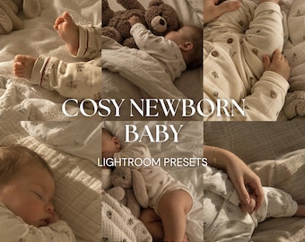 May include: A collage of images featuring a baby wearing a cream-coloured long-sleeved onesie with a small brown bear pattern. The baby is shown sleeping, cuddling a brown teddy bear, and resting on white textured bedding with text overlay.