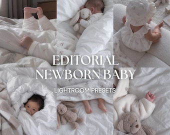 May include: A collection of six photographs featuring a newborn baby in white clothing and blankets, accompanied by plush toys. The text EDITORIAL NEWBORN BABY LIGHTROOM PRESETS URBAN LIGHTSCAPES is overlaid on the centre of the image collage.