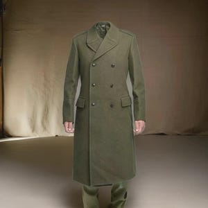 May include: An olive green double-breasted overcoat with a notched lapel, two rows of buttons, and two front pockets. The long coat is made of a heavy fabric and has a classic military style.
