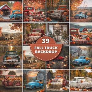 May include: A collage of 12 images featuring vintage trucks decorated for fall. The trucks are in various colors, including red, blue, and white, and are adorned with pumpkins, hay bales, and sunflowers. The text "39 FALL TRUCK BACKDROP" is displayed.