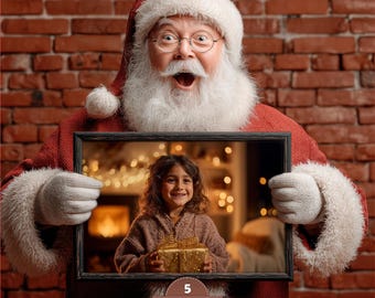 May include: Santa Claus holding a framed photo of a smiling child with a gift. Santa is wearing a red suit, hat, and white beard, set against a brick wall. The frame is dark, and the photo is warm-toned. The image includes text: "5 SANTA HOLDING FRAME OVERLAY".