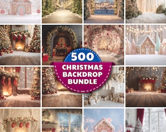 May include: A selection of 12 Christmas-themed digital backdrops. The images showcase festive scenes with decorated Christmas trees, fireplaces, and gingerbread houses. The banner reads "500 Christmas Backdrop Bundle".