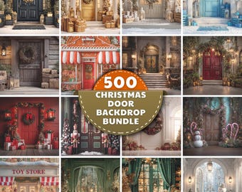 May include: A selection of Christmas door backdrop images. The images showcase decorated doors with wreaths, lights, and festive decorations. The text "500 Christmas Door Backdrop Bundle" is displayed on a circular banner.