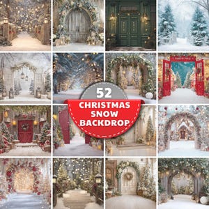 Può includere: Un collage di 12 sfondi di neve a tema natalizio. Le immagini presentano scene innevate con porte, archi e sentieri decorati con luci, ghirlande e alberi di Natale. Il testo "52 Christmas Snow Backdrop" è visibile.