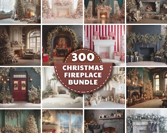 May include: A collage of 12 festive Christmas fireplace scenes. Each scene showcases a decorated Christmas tree, fireplace, and seasonal decorations. The image includes the text "300 Christmas Fireplace Bundle" on a brown banner.