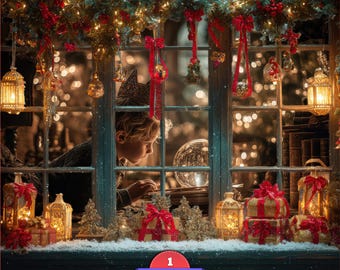 May include: A festive Christmas window scene featuring a child gazing at a crystal ball. The window is adorned with garlands, red bows, and illuminated lanterns. Presents and miniature Christmas trees are arranged on the sill. The image includes the text "Christmas Window Overlay".