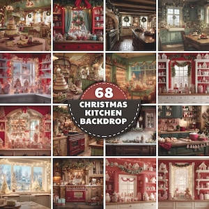 May include: A collage of 12 images showcasing Christmas kitchen backdrops. The images feature festive decorations, including garlands, wreaths, and gingerbread houses. The color palette includes red, green, and white, creating a warm and inviting holiday atmosphere. Text on the image reads "68 Christmas Kitchen Backdrop."