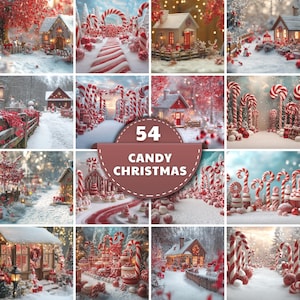 May include: A collage of festive Christmas scenes featuring candy canes, gingerbread houses, and snow-covered landscapes. The images are predominantly red and white, with a whimsical, fairytale aesthetic. The text "54 CANDY CHRISTMAS" is displayed on a banner.