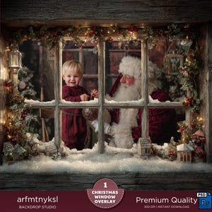 May include: A Christmas-themed backdrop featuring a child and Santa Claus looking through a window. The child wears a burgundy outfit and holds a Christmas ornament. Santa Claus is dressed in a red velvet suit. The window is decorated with lights and greenery.