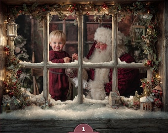 May include: A festive Christmas backdrop showing a child and Santa Claus framed by a window. The child is in a burgundy outfit, holding a bauble. Santa wears a red velvet suit. The window is adorned with lights and foliage, creating a seasonal scene.