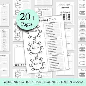 May include: A selection of black and white wedding seating chart templates. The central chart lists guests by table number. The image features a circular graphic with the text "20+ Pages" and the words "Wedding Seating Chart Planner - Edit in Canva".