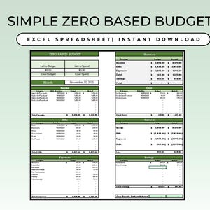 Puede incluir: Una hoja de cálculo digital titulada "SIMPLE ZERO BASED BUDGET" con el texto "EXCEL SPREADSHEET | INSTANT DOWNLOAD". La hoja de cálculo es una herramienta de planificación financiera con secciones para ingresos, facturas, gastos y ahorros, con fecha del 30 de noviembre de 2025.