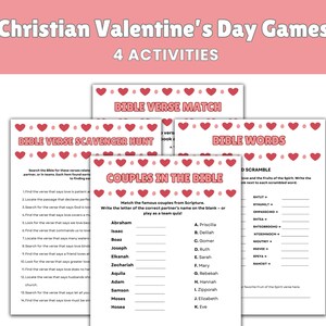 May include: A set of Christian Valentine's Day games with four activities. The games include Bible verse match, scavenger hunt, Bible words, and couples in the Bible. Each game sheet has a pink heart border.