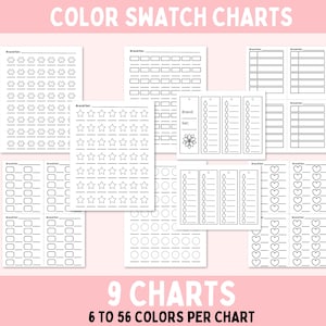 May include: A collection of nine black and white color swatch charts with various shapes, including stars, hearts, and circles. The text at the top reads "COLOR SWATCH CHARTS". The bottom text says "9 CHARTS 6 TO 56 COLORS PER CHART".